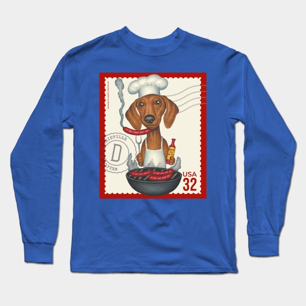 Funny Dachshund Doxie grilling hot dogs Long Sleeve T-Shirt by Danny Gordon Art